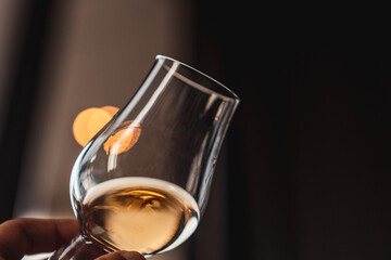 Whiskey in glass with cozy atmosphere. Selective focus.