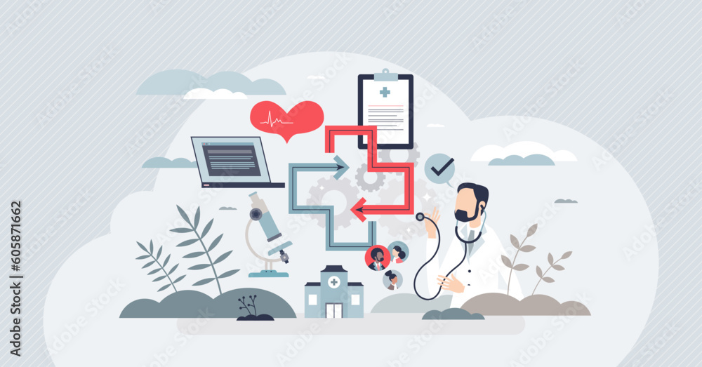 Poster interoperability in medicine with health data integration tiny person concept. effective and product