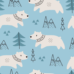 Seamless childish pattern with cute bears in the wood. Creative kids forest texture for fabric, wrapping, textile, wallpaper, apparel. Vector illustration