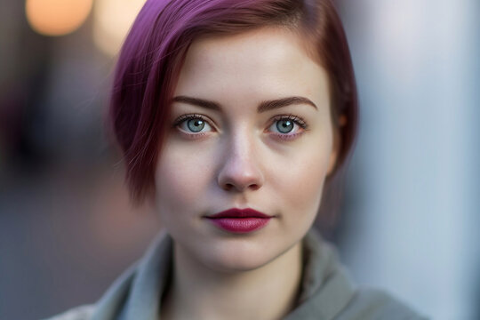 Portrait of a girl with short haircut with purple hair close-up, created with Generative AI technology.