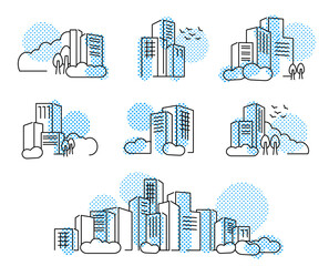 フラットな線画イメージ都市の景観イラストドットパターン