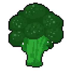 Pixel art broccoli cartoon illustration.