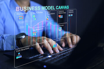 Businessman planning business a plan with business model canvas through a laptop on the desktop for project presentation and budgeting from high net worth investors value proposition cost and revenue.