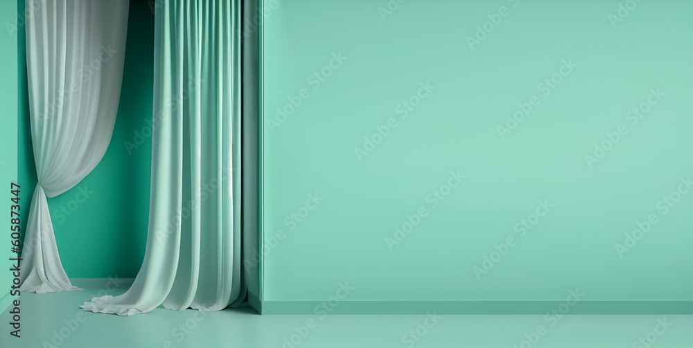 Poster mock up 3d rendering. aqua green empty wall in room with silk curtain drapes. template for product p