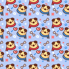 Kawaii pattern with pugs and hearts on blue background