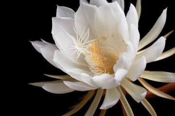 fully bloomed night-blooming cereus flower isolated on black background, aka queen of the night, unique rarely blooms and only at night princess of the night cactus plant blossom in selective focus