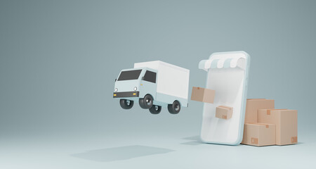 E-commerce concept, Delivery service on mobile application, Transportation delivery by truck.