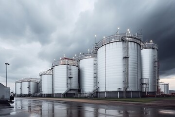 Fototapeta premium modern petrochemical plant with reactors and converters under heavy sky with copyspace