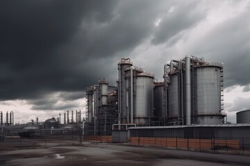 Obraz premium modern petrochemical plant with reactors and converters under heavy sky with copyspace
