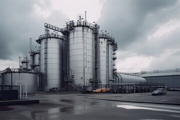 Obraz premium modern petrochemical plant with reactors and converters under heavy sky with copyspace