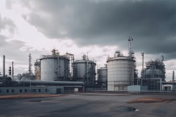 Obraz premium modern petrochemical plant with reactors and converters under heavy sky with copyspace