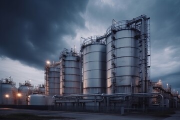 Obraz premium modern petrochemical plant with reactors and converters under heavy sky with copyspace