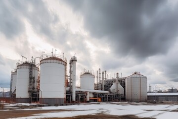 Obraz premium modern petrochemical plant with reactors and converters under heavy sky with copyspace