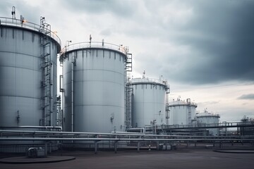 modern petrochemical plant with reactors and converters under heavy sky with copyspace