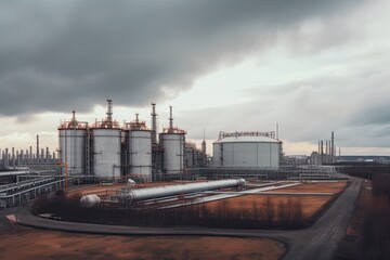 Obraz premium modern petrochemical plant with reactors and converters under heavy sky with copyspace