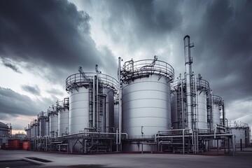 Obraz premium modern petrochemical plant with reactors and converters under heavy sky with copyspace