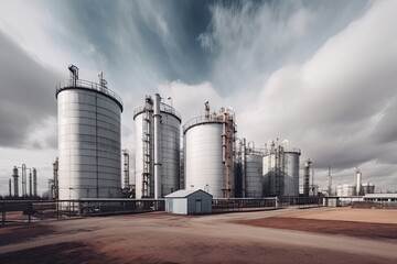 modern petrochemical plant with reactors and converters under heavy sky with copyspace