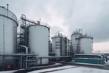 Obraz premium modern petrochemical plant with reactors and converters under heavy sky with copyspace