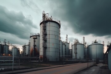 Obraz premium modern petrochemical plant with reactors and converters under heavy sky with copyspace