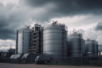 Obraz premium modern petrochemical plant with reactors and converters under heavy sky with copyspace