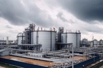 Obraz premium modern petrochemical plant with reactors and converters under heavy sky with copyspace