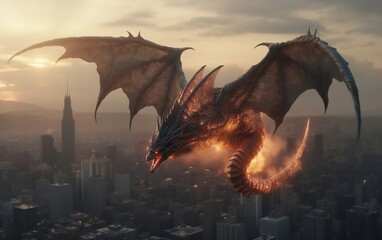 Scary dragon is flying over a sunset city in the background created with Generative AI technology
