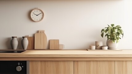 Interior of modern kitchen with white walls, wooden countertops, round wooden bowls with dried flowers and clocks. 3d rendering	