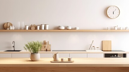 Interior of modern kitchen with white walls, wooden countertops, round wooden bowls with dried flowers and clocks. 3d rendering	