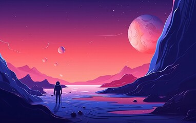 Astronaut walking alone on alien planet with pink sky created with Generative AI technology