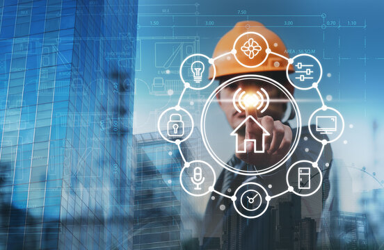 iot, technology, architect, blueprint, engineer, smart home, contractor, helmet, project, consulting. engineer touching the iot hud. smart home status. technology architect consulting. development.