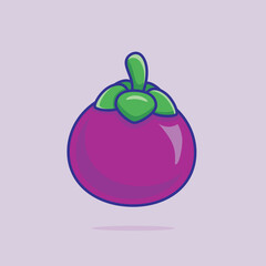 Illustration of mangosteen fruit. Mangosteen with leaves, designed in flat cartoon style. Garcinia mangostana