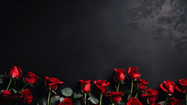Red rose bouquet on dark banner. Roses on valentine day copy space for text. Black flowers background. generative ai