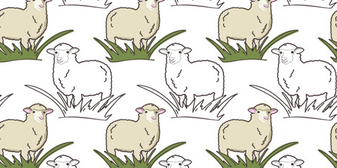Seamless pattern with cute sheep, cartoon doodle vector illustration