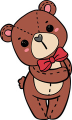 Cute classic Teddy Bear wear red bow doodle hand drawing cartoon character
