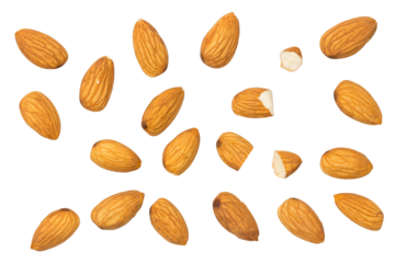 Almonds isolated on white background. top view