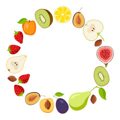 Fruits frame. Round fruit border with copy space isolated on white background. Summer design For poster, banner, cover, invitation, packaging design, branding. Summer Fresh healthy fruits and berries.