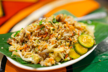 Stir fried rice on the green leave