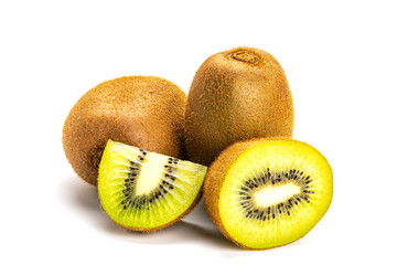 View of organic hairy fresh ripe kiwifruit or kiwi fruit or chinese gooseberry isolated on white background.