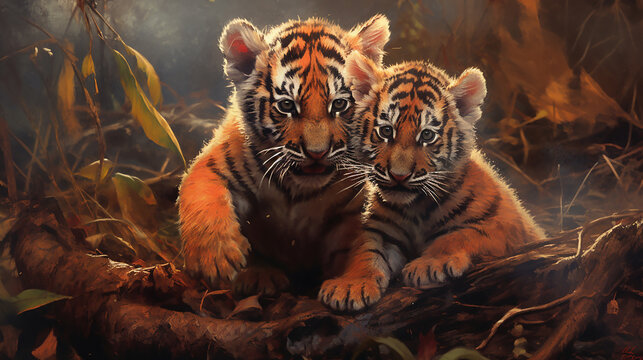 An image showing two tiger cubs playing,Generative AI