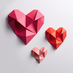 Paper craft origami heart shapes on white background. Close up view.
