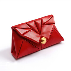 One close up red purse or clutch with golden hardware on white background.