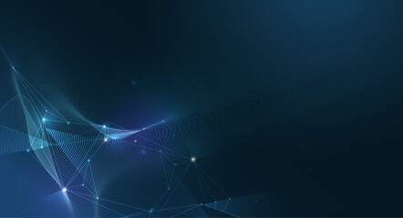 Vector molecule, Network Connected lines with dots, technology on blue background. Abstract internet network connection design for web site. Digital data, communication, science and futuristic concept