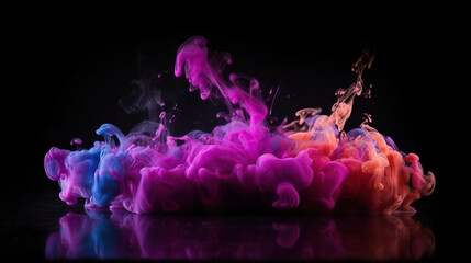 Color mist. Glitter smoke. Paint water splash. Magic spell. Bright pink purple color shiny smoke veil wave on black abstract art background. Generative AI