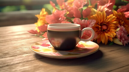 Obraz na płótnie Canvas Coffee cup wooden table with flowers spring season calm relax coffee hot generative,Generative AI