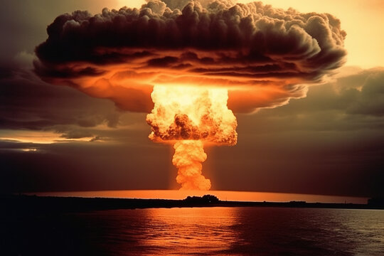 Nuclear explosion. Atomic bomb test on an island. Generative AI