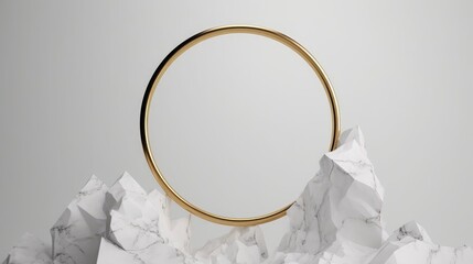 3d render, abstract white background with golden ring, round frame integrated into chalk rock stone, aesthetic minimalist wallpaper, Generative AI - obrazy, fototapety, plakaty