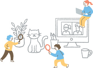 猫とパソコンとコーヒーカップと男女3人