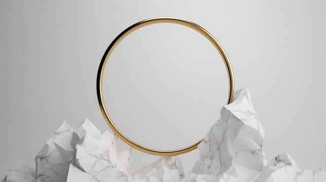 3d render, abstract white background with golden ring, round frame integrated into chalk rock stone, aesthetic minimalist wallpaper, Generative AI