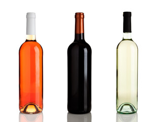 rose wine, red wine, white wine bottles without labels isolated on white