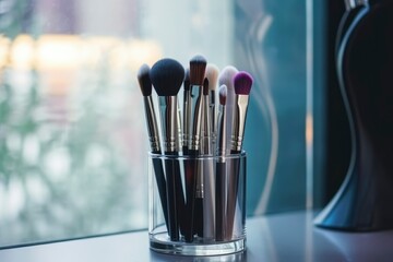 Cosmetic brushes in a glass. Professional makeup brushes set for make up artist, cosmetics, make up theme. Generative AI